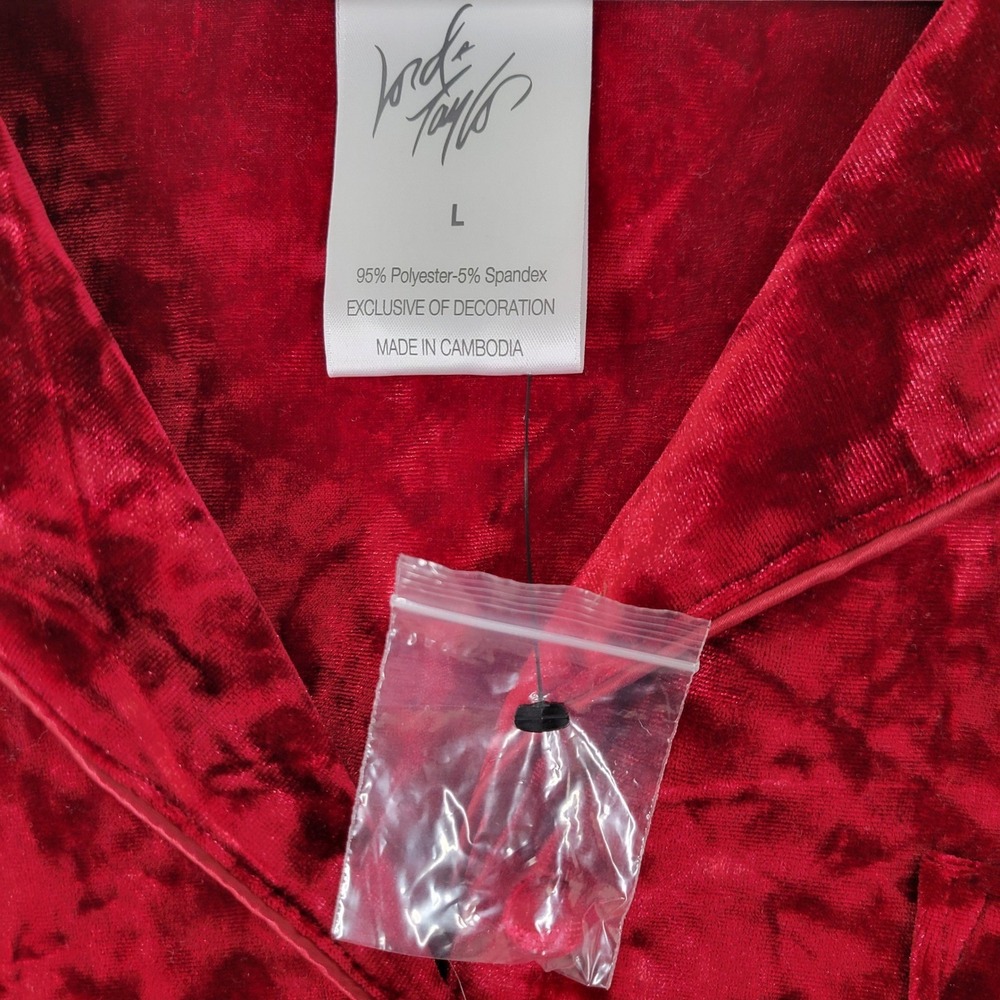 Lord & Taylor Pajama Top Womens Large Red Crushed Velvet Button Down Long Sleeve - Picture 7 of 8